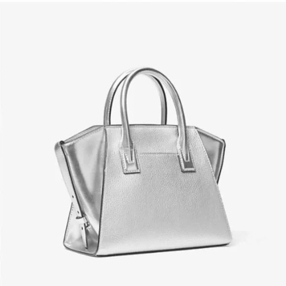 Michael Kors Avril Small Metallic Studded Patchwork Satchel Crossbody Silver